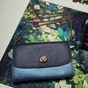 Coach Crossbody Bag Chain Strap Purse Wallet Blue Metallic